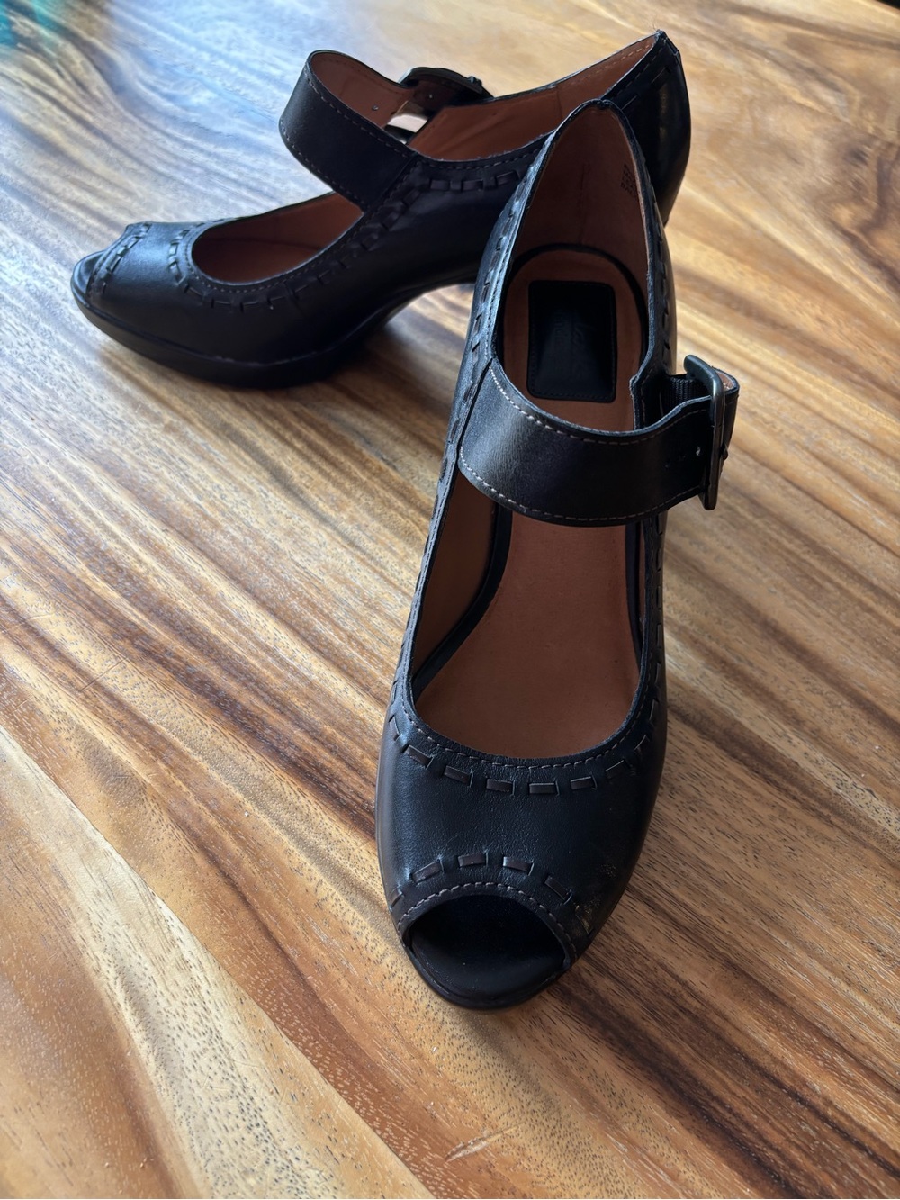 Clarks Black Peep-Toe Mary Jane Heels with Buckle Strap